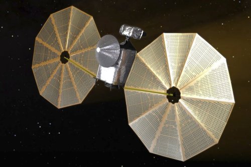 This image from video animation provided by NASA in October 2022 depicts the Lucy spacecraft. (NASA via AP)