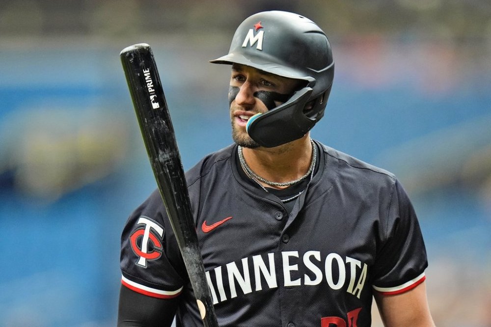 FILE - Minnesota Twins' Royce Lewis reacts after being called out on strikes on a clock violation during the first inning of a baseball game against the Tampa Bay Rays Thursday, Sept. 5, 2024, in St. Petersburg, Fla. (AP Photo/Chris O'Meara, File)