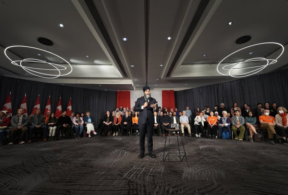 NDP Leader Jagmeet Singh announces his campaign platform during the federal election campaign in Burnaby, B.C., on Saturday, April 19, 2025. THE CANADIAN PRESS/Nathan Denette