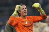 Inter Milan's goalkeeper Yann Sommer celebrates at the end of the Champions League semifinal second leg soccer match between Inter Milan and Barcelona at San Siro stadium in Milan , Italy, Tuesday, May 6, 2025. (AP Photo/Luca Bruno)
