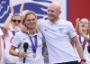 FILE - England head coach Sarina Wiegman, left, and Arjan Veurink on stage at an event at Trafalgar Square in London, Monday, Aug. 1, 2022. (James Manning/PA via AP, File)