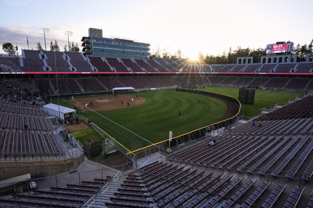 California pitcher Anna Reimers throws to a Stanford batter during the fourth inning of an NCAA college softball game Thursday, April 17, 2025, in Stanford, Calif. (AP Photo/Godofredo A. Vásquez)