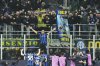 Inter Milan's Lautaro Martinez celebrates after scoring his side's opening goal during the Champions League quarterfinal second leg soccer match between Inter Milan and Bayern Munich at the San Siro stadium in Milan, Italy, Wednesday, April 16, 2025. (AP Photo/Antonio Calanni)