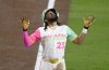 San Diego Padres' Fernando Tatis Jr. (23) looks skyward after hitting a solo home run during the sixth inning of a baseball game against the Colorado Rockies, Friday, April 11, 2025, in San Diego. (AP Photo/Denis Poroy)