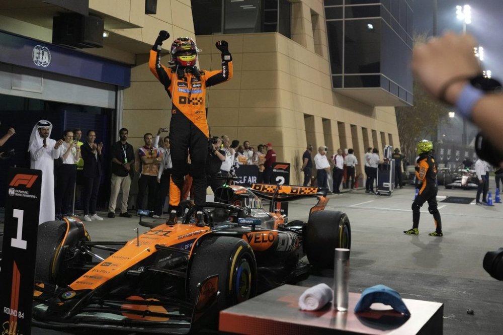 McLaren driver Oscar Piastri of Australia celebrates after winning the the Formula One Bahrain Grand Prix, in Sakhir, Sunday, April 13, 2025. (AP Photo/Altaf Qadri)
