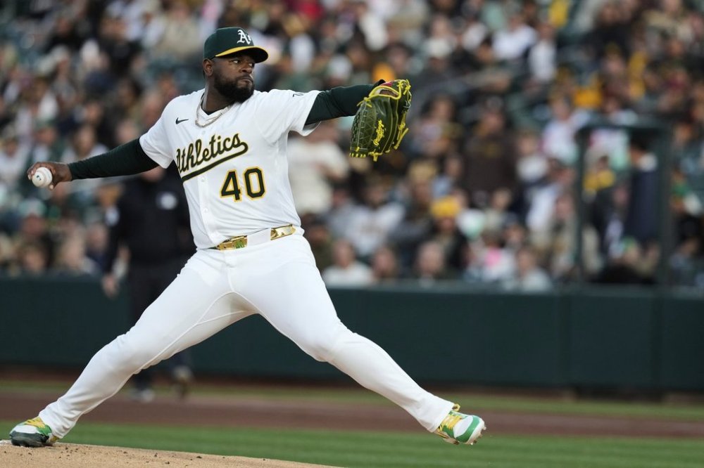 Athletics pitcher Luis Severino throws to a San Diego Padres batter during the first inning of a baseball game Monday, April 7, 2025, in West Sacramento, Calif. (AP Photo/Godofredo A. Vásquez)