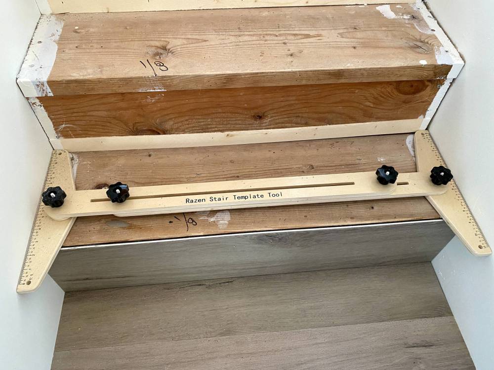 MARC LABOSSIERE / FREE PRESS
A stair template tool is used to account for any wall imperfections or plumb idiosyncrasies.