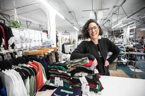 MIKAELA MACKENZIE / FREE PRESS 	 Andranne Dandeneau, who is the founder of Anne Mulaire, on Thursday, March 27, 2025. The clothing company is celebrating its 20th anniversary this year. For Aaron story. Winnipeg Free Press 2025