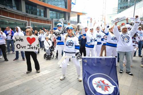 Ruth Bonneville / Free Press
                                Local - Winnipeg Whiteout kickoff Big crowds showed up in their white attire and some in costume to celebrate the Winnipeg JETS Whiteout parties officially kick off in True North Square&rsquo;s plaza Tuesday. A public and media event with live music unveiled details about the 2025 Winnipeg Whiteout Street Parties Tuesday. April 8th 2025