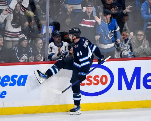 FRED GREENSLADE / THE CANADIAN PRESS FILES
                                Winnipeg Jets&rsquo; Josh Morrissey (44) celebrates his goal against the Columbus Blue Jackets during the second period of NHL action in Winnipeg on Tuesday January 9, 2024.