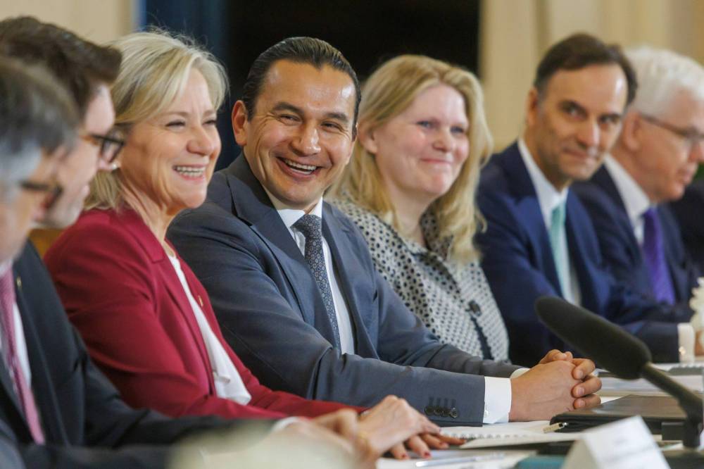 MIKE DEAL / FREE PRESS
                                Premier Wab Kinew speaks with the ambassadors from the EU before a roundtable discussion at the legislative building Tuesday morning.