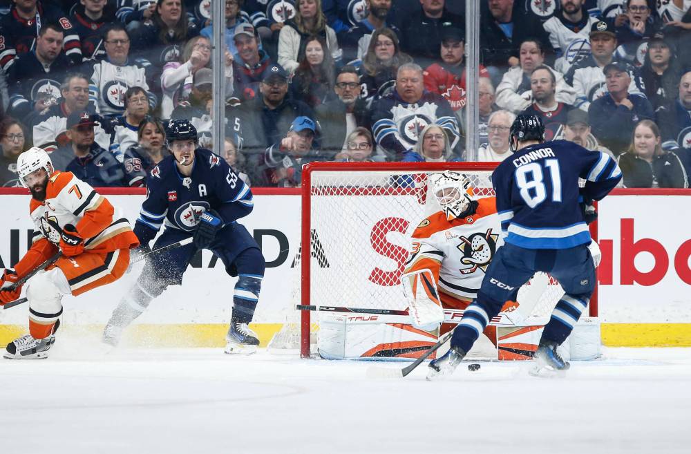 John Woods / THE CANADIAN PRESS
Anaheim Ducks goaltender Ville Husso saves a shot from Winnipeg Jets’ Kyle Connor during the first period.