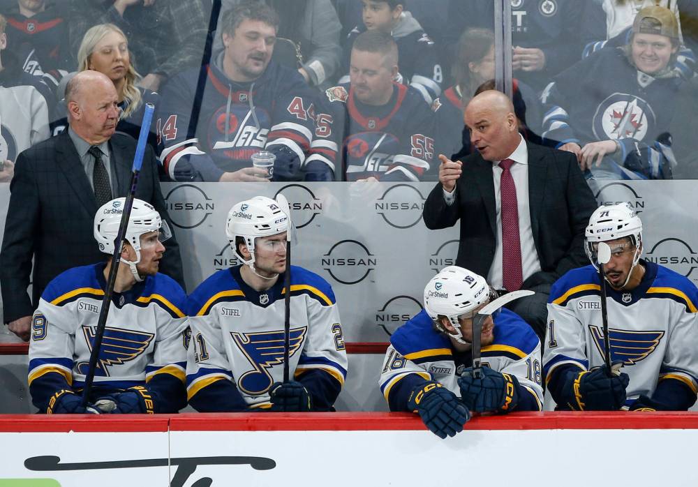 John Woods / THE CANADIAN PRESS FILES
St. Louis Blues head coach Jim Montgomery talks to his team when the Blues faced the Winnipeg Jets in the regular season.