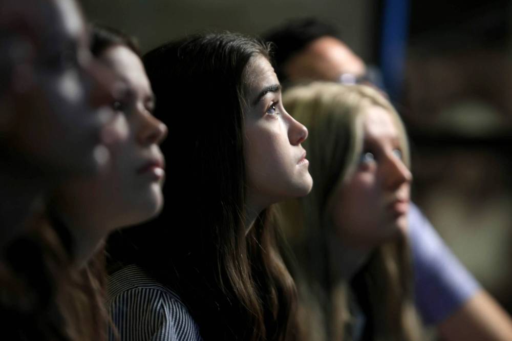 Grade 11 and 12 students from École Héritage in St. Pierre-Jolys were the first to experience immersive technology that allows students to connect with Holocaust survivors at the Canadian Museum for Human Rights on Friday. (Ruth Bonneville / Free Press)