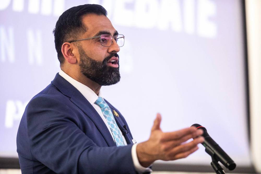 MIKAELA MACKENZIE / FREE PRESS
Candidate Obby Khan speaks at the PC leadership debate at the Caboto Centre in Winnipeg on Wednesday, March 19, 2025.