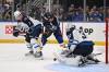 Connor Hamilton / THE ASSOCIATED PRESS
                                Winnipeg Jets’ Connor Hellebuyck (right) and Vladislav Namestnikov (left) defend the net against the Blues’ Jake Neighbours at Enterprise Center Sunday afternoon in St. Louis.