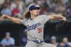 Los Angeles Dodgers starting pitcher Tyler Glasnow throws to the Texas Rangers in the second inning of a baseball game in Arlington, Texas, Sunday, April 20, 2025. (AP Photo/Tony Gutierrez)