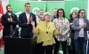 The Green Party of Canada co-leaders Elizabeth May, centre, and Jonathan Pedneault, left, introduce their candidates as they launch their election campaign in Montreal, Sunday, March 23, 2025.  THE CANADIAN PRESS/Christinne Muschi