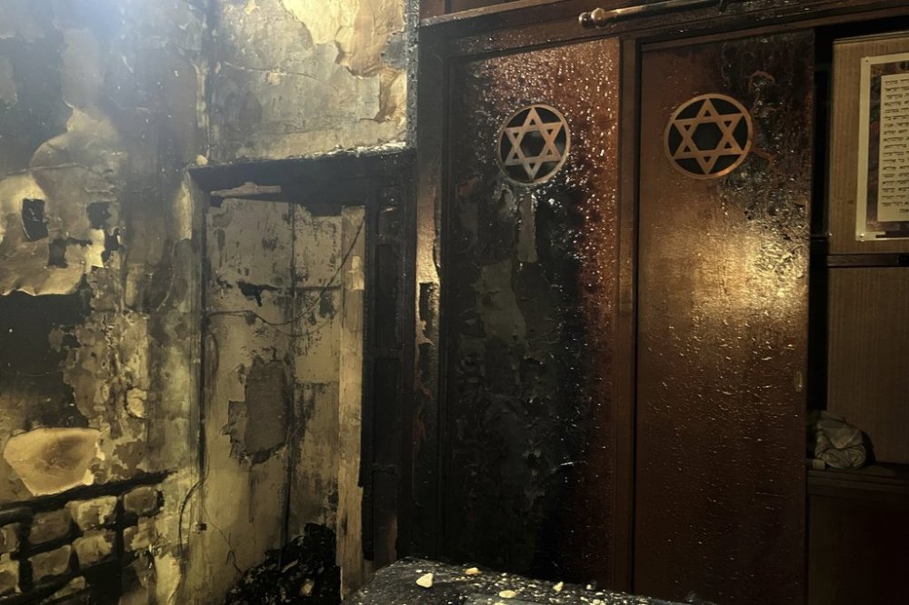 FILE - Damage is seen inside a synagogue where a man armed with a knife and a metal bar is suspected of having set a fire in Rouen, France, on Friday, May 17, 2024. (AP Photo/Oleg Cetinic, File)