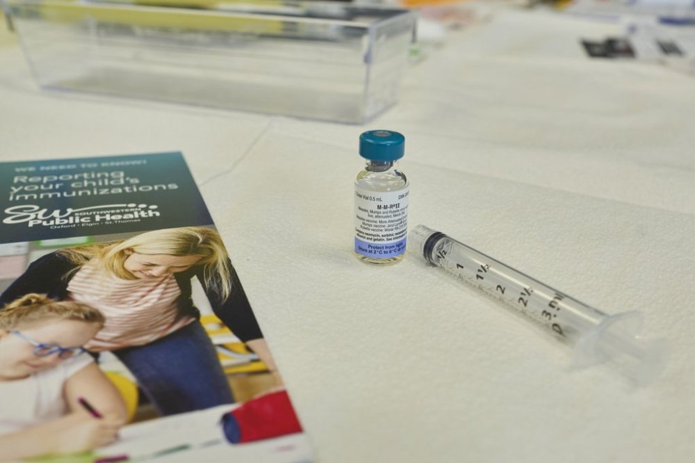 A dose of the measles, mumps, and rubella (MMR) vaccination awaits the next patient during a vaccine clinic at Southwestern Public Health in St. Thomas, Ont. on Tuesday, March 4, 2025.THE CANADIAN PRESS/ Geoff Robins