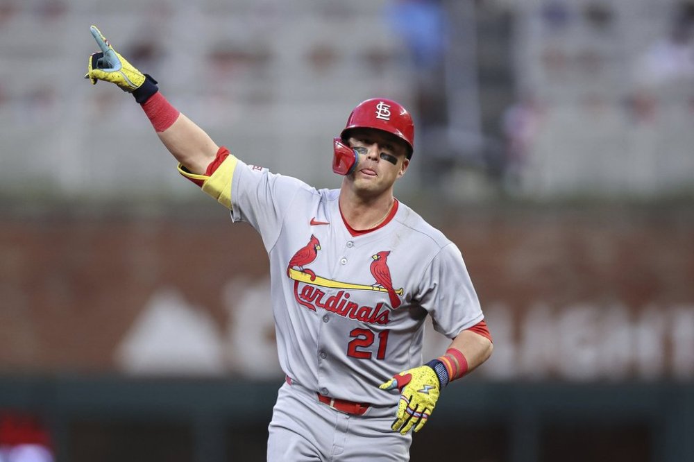 St. Louis Cardinals Lars Nootbaar (21) reacts after hitting a two-run home run in the third inning of a baseball game against the Atlanta Braves, Tuesday, April 22, 2025, in Atlanta. (AP Photo/Colin Hubbard)