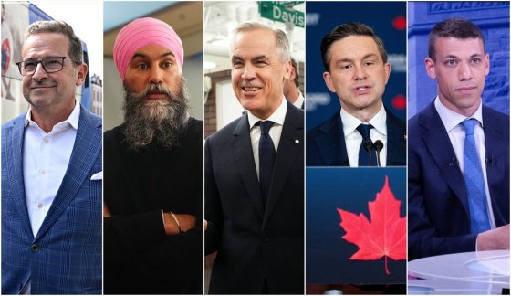 From left: Bloc Québécois Leader Yves-Francois Blanchet; NDP Leader Jagmeet Singh; Liberal Leader Mark Carney; Conservative Leader Pierre Poilievre and co-leader of the Green party Jonathan Pedneault. (Jacques Boissinot, Chris Young, Sean Kilpatrick, Spencer Colby, Mathieu Catafard / The Canadian Press files)