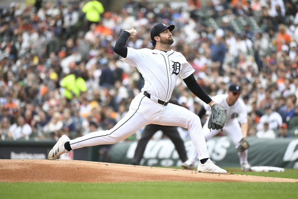 Detroit Tigers starting pitcher Casey Mize throws during the first inning of a baseball game against the Kansas City Royals, Saturday, April 19, 2025, in Detroit. (AP Photo/Jose Juarez)