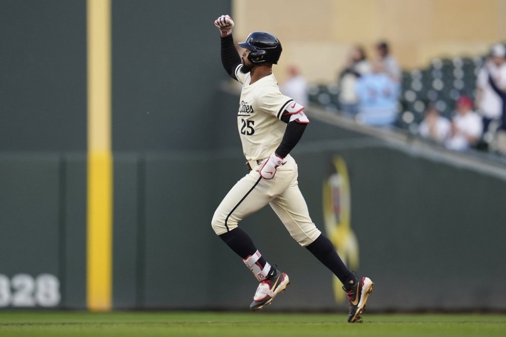 Minnesota Twins' Byron Buxton (25) runs the bases after hitting a three-run home run during the third inning of a baseball game against the Baltimore Orioles, Wednesday, May 7, 2025, in Minneapolis. (AP Photo/Abbie Parr)