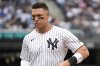 New York Yankees' Aaron Judge walks to the dugout during the fourth inning of the first baseball game of a doubleheader against the Toronto Blue Jays, Sunday, April 27, 2025, in New York. (AP Photo/Pamela Smith)