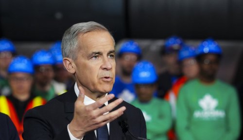 Liberal Leader Mark Carney makes a campaign stop at Algoma Steel Inc. in Sault Ste. Marie, Ont., on Friday, April 25, 2025. THE CANADIAN PRESS/Sean Kilpatrick