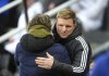 Brentford manager Thomas Frank greets Newcastle United manager Eddie Howe ahead of the English Premier League soccer match between Brentford and Newcastle United at St James' Park in Newcastle upon Tyne, England, Wednesday, April 2, 2025. (Owen Humphreys/PA via AP)