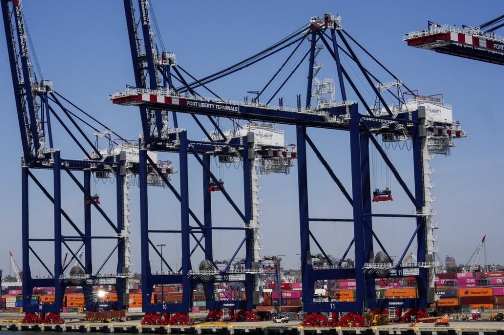 Shipping containers are seen at Port Jersey, Friday, April 18, 2025, in Jersey City, N.J. (AP Photo/Julia Demaree Nikhinson)