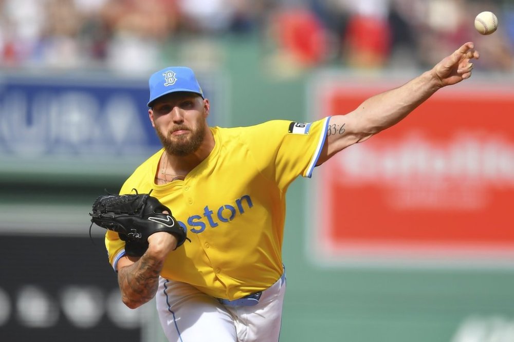Boston Red Sox's Garrett Crochet delivers a pitch to a Chicago White Sox batter in the first inning of a baseball game, Saturday, April 19, 2025, in Boston. (AP Photo/Steven Senne)
