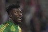 Manchester United's goalkeeper Andre Onana reacts during the Europa League quarterfinal first leg soccer match between Lyon and Manchester United at Groupama stadium in Decines, outside Lyon, France, Thursday, April 10, 2025. (AP Photo/Thibault Camus)