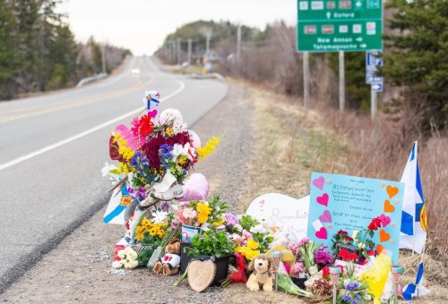 A memorial remembering Lillian Hyslop, one of 22 people murdered in the worst mass shooting in Canadian history, is seen along the road in Wentworth, N.S., April 24, 2020. THE CANADIAN PRESS/Liam Hennessey