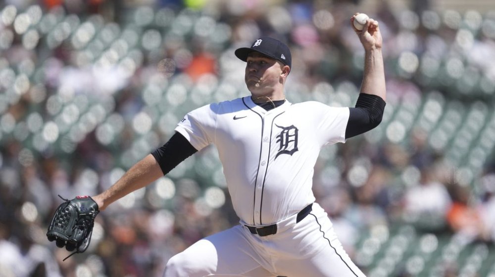 Detroit Tigers pitcher Tarik Skubal throws against the Baltimore Orioles in the first inning during a baseball game, Sunday, April 27, 2025, in Detroit. (AP Photo/Paul Sancya)