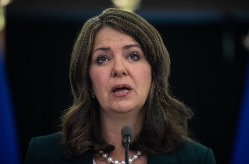 Alberta Premier Danielle Smith speaks in Edmonton on Thursday, Oct. 31, 2024. Smith has delivered a note of congratulations, along with a sharply worded warning and a blanket condemnation, to Prime Minister Mark Carney and his new Liberal government. THE CANADIAN PRESS/Jason Franson