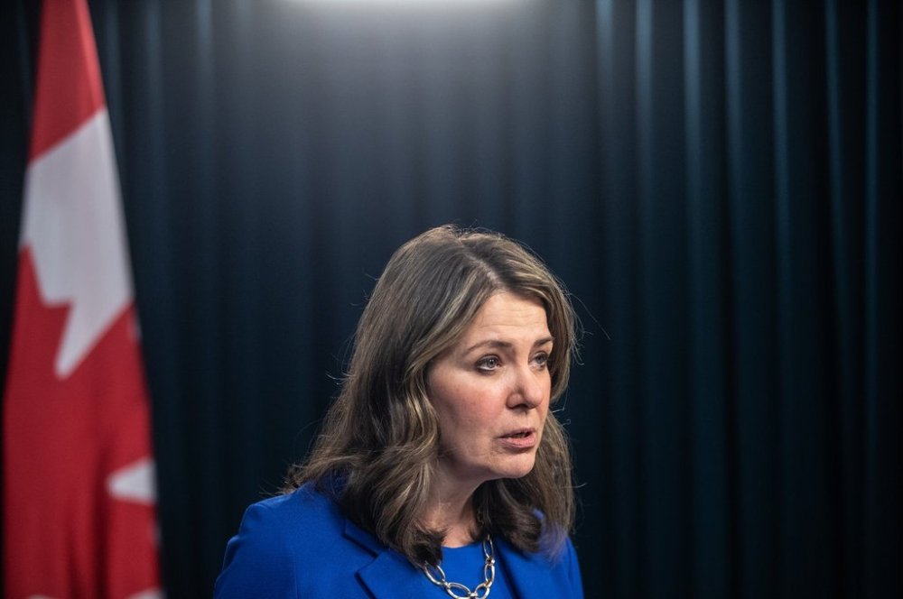 Alberta Premier Danielle Smith announces proposed changes to several pieces of democratic process legislation, in Edmonton on Tuesday, April 29, 2025. THE CANADIAN PRESS/Jason Franson