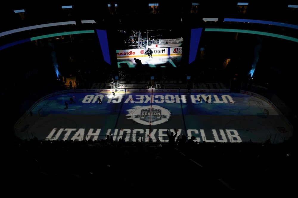 FILE - A general view of players entering the ice before an NHL hockey game between the Toronto Maple Leafs and the Utah Hockey Club, Monday, March 10, 2025, in Salt Lake City. (AP Photo/Tyler Tate, File)