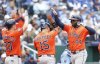 Houston Astros' Yordan Alvarez (44) celebrates after hitting a three-run home run with Chas McCormick (20) and Isaac Paredes (15) during the third inning of a baseball game against the Kansas City Royals in Kansas City, Mo., Sunday, April 27, 2025. (AP Photo/Colin E. Braley)