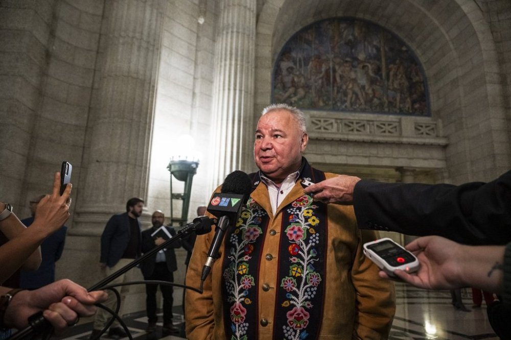 President of the Manitoba Métis Federation David Chartrand speaks to media after the completion of the 43rd Manitoba legislature throne speech at the Manitoba Legislative Building in Winnipeg, Tuesday, Nov. 21, 2023. THE CANADIAN PRESS/Aaron Vincent Elkaim