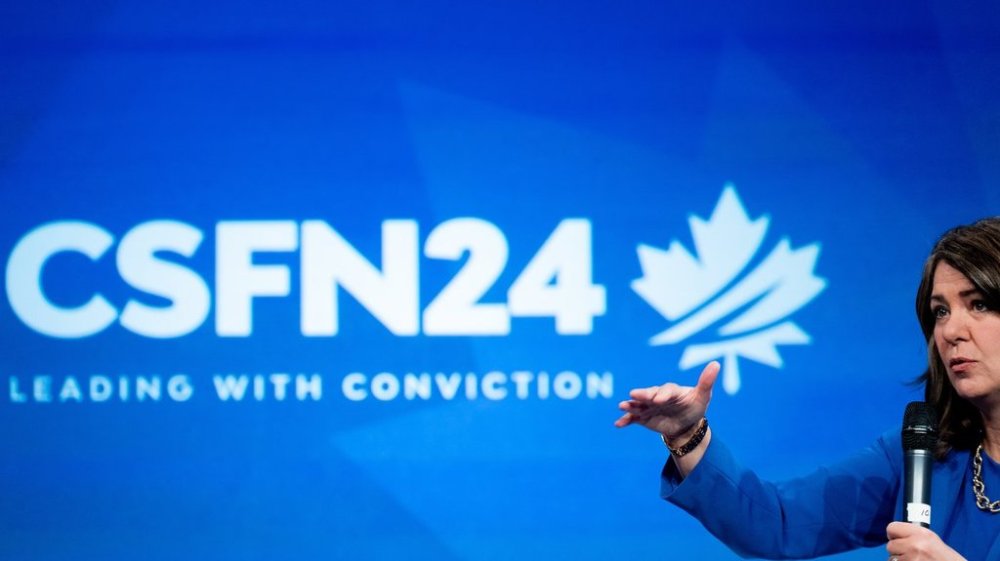 Alberta Premier Danielle Smith speaks during a fireside chat during the Canada Strong and Free Network event in Ottawa on April 12, 2024. THE CANADIAN PRESS/Spencer Colby
