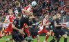 Berlin's Andrej Ilic scores during the Bundesliga soccer match between 1. FC Union Berlin and VfB Stuttgart in Berlin, Saturday April 19, 2025. (Andreas Gora/dpa via AP)