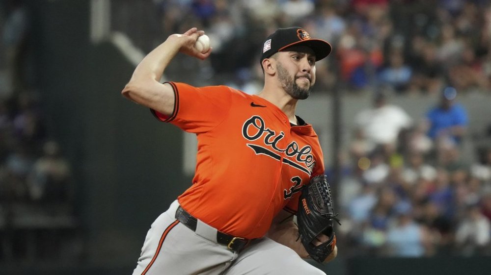 FILE - Baltimore Orioles starting pitcher Grayson Rodriguez works against the Texas Rangers during a baseball game on July 20, 2024, in Arlington, Texas. (AP Photo/Jeffrey McWhorter, File)
