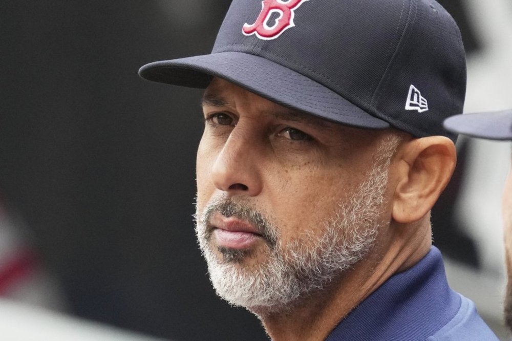 Boston Red Sox manager Alex Cora looks to the field before a baseball game against the Chicago White Sox in Chicago, Sunday, April 13, 2025. (AP Photo/Nam Y. Huh)