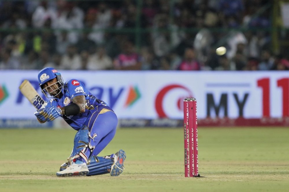 Mumbai Indians' Suryakumar Yadav plays a shot during the Indian Premier League cricket match between Rajasthan Royals and Mumbai Indians at Sawai Mansingh Stadium in Jaipur, India, Thursday, May 1, 2025. (AP Photo/Surjeet Yadav)
