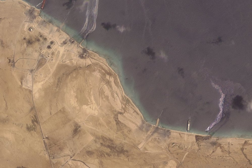 This satellite image from Planet Labs PBC shows the aftermath of U.S. airstrikes targeting the Ras Isa oil port in Yemen on Friday, April 18, 2025. (Planet Labs PBC via AP)