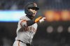 San Francisco Giants' Jung Hoo Lee, of Korea, gestures to teammates as he runs the bases after hitting a three-run home run during the first inning of a baseball game against the New York Yankees Friday, April 11, 2025, in New York. (AP Photo/Frank Franklin II)