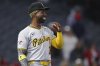 Pittsburgh Pirates' Andrew McCutchen reacts after the Pirates defeated the Los Angeles Angels in a baseball game in Anaheim, Calif., Tuesday, April 22, 2025. (AP Photo/Jessie Alcheh)