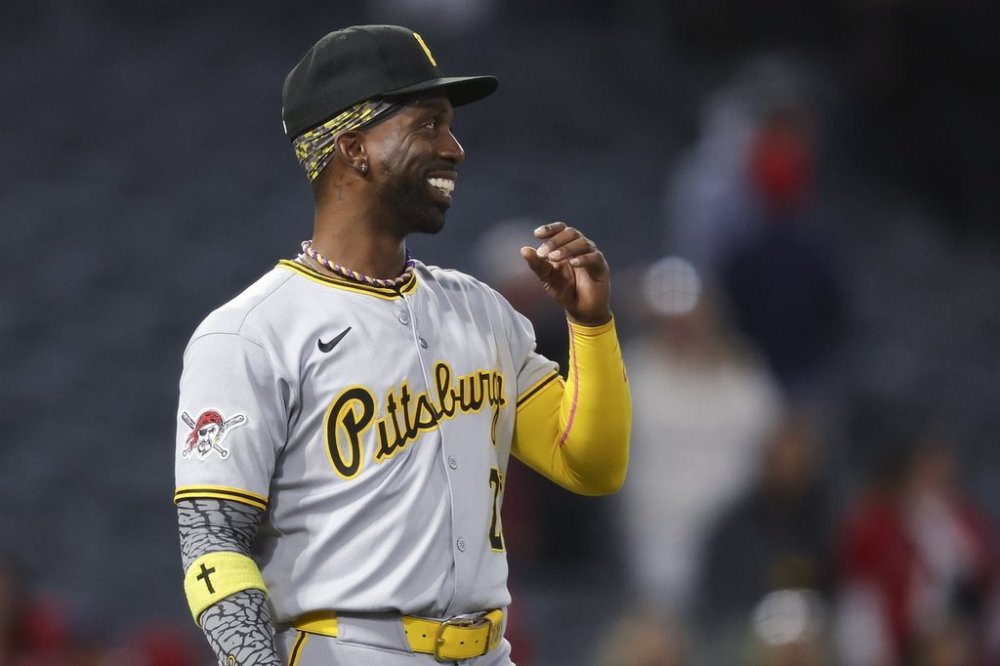 Pittsburgh Pirates' Andrew McCutchen reacts after the Pirates defeated the Los Angeles Angels in a baseball game in Anaheim, Calif., Tuesday, April 22, 2025. (AP Photo/Jessie Alcheh)